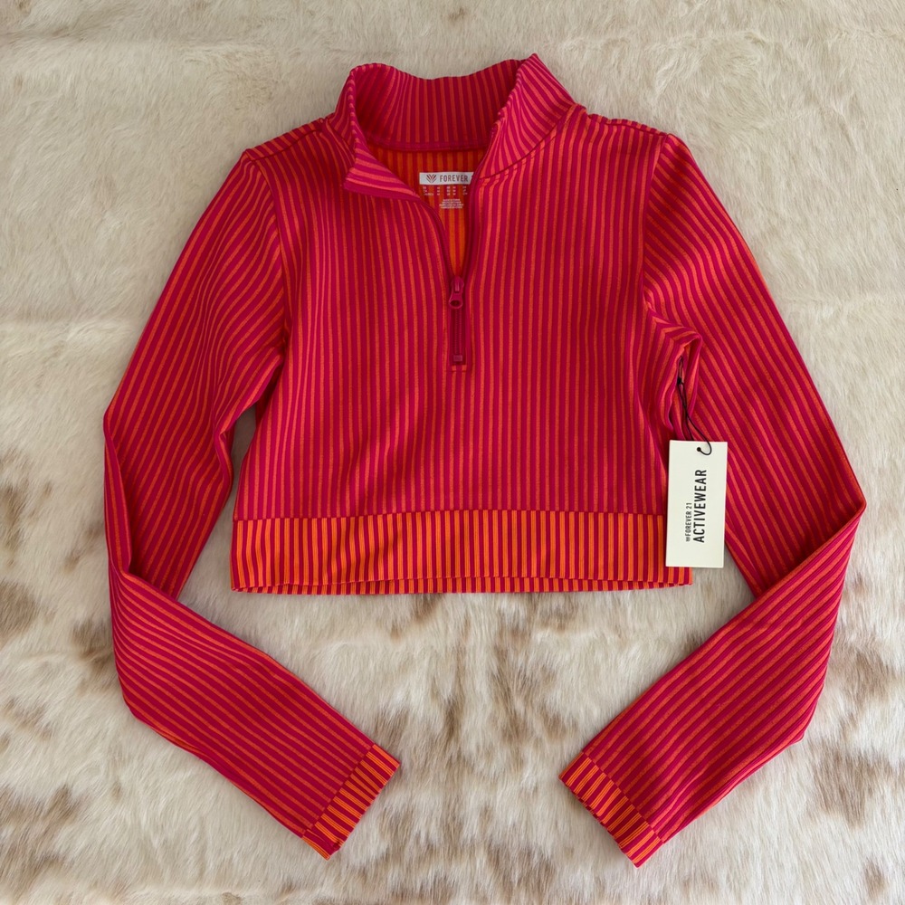 Forever 21 Activewear Red Orange Striped Quarter Zip Crop Top Medium NWT